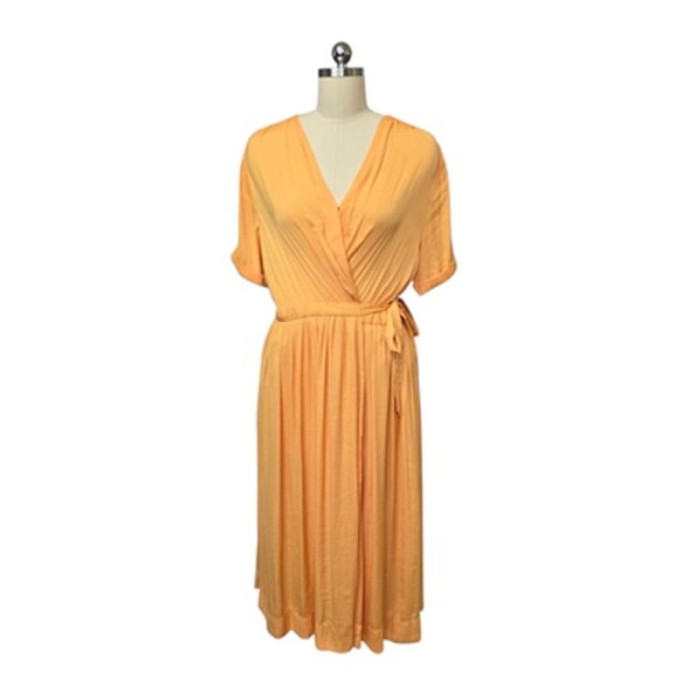Scotch & Soda Maison Scotch Dress Womens Small Orange Wrap Midi Tie Waist V Neck
